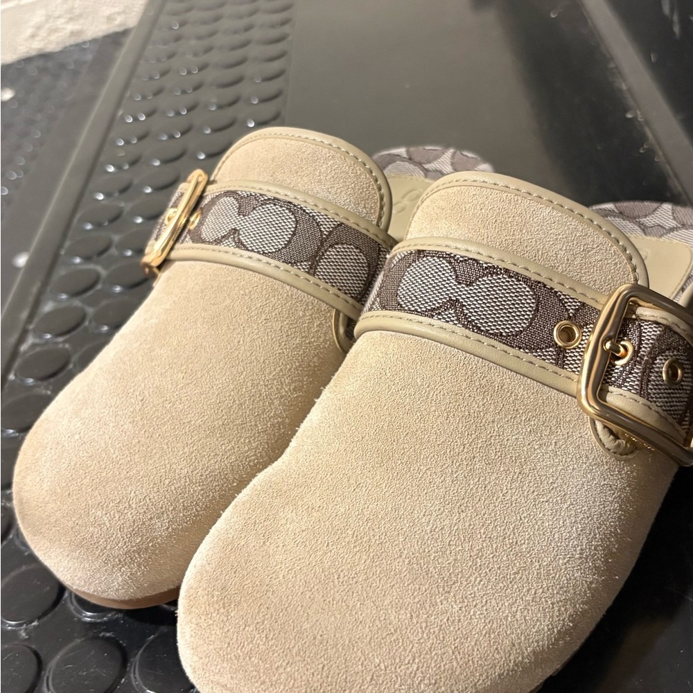 Coach Beige Suede Mules with Signature Pattern